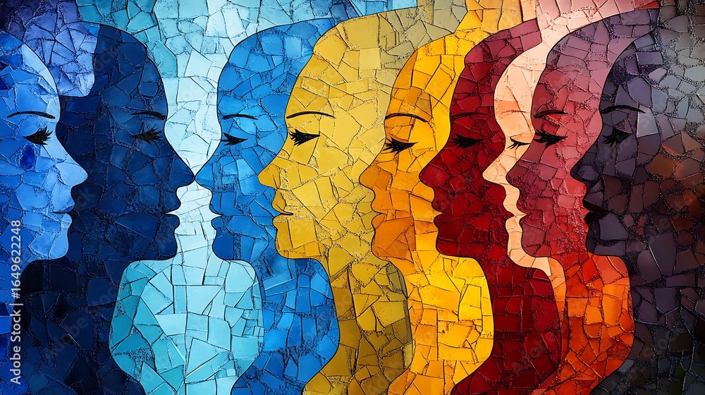 Obraz premium Abstract mosaic faces representing diversity and equality in a colorful and artistic photo.