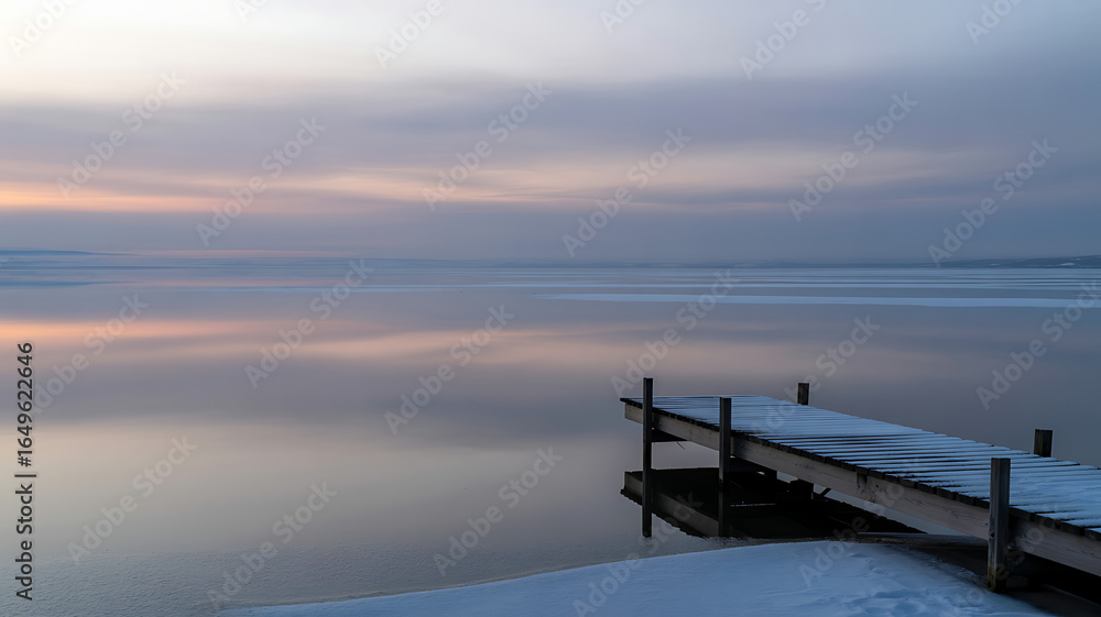 Naklejka premium Tranquil winter sunset over a snowcovered lake with a wooden dock extending
