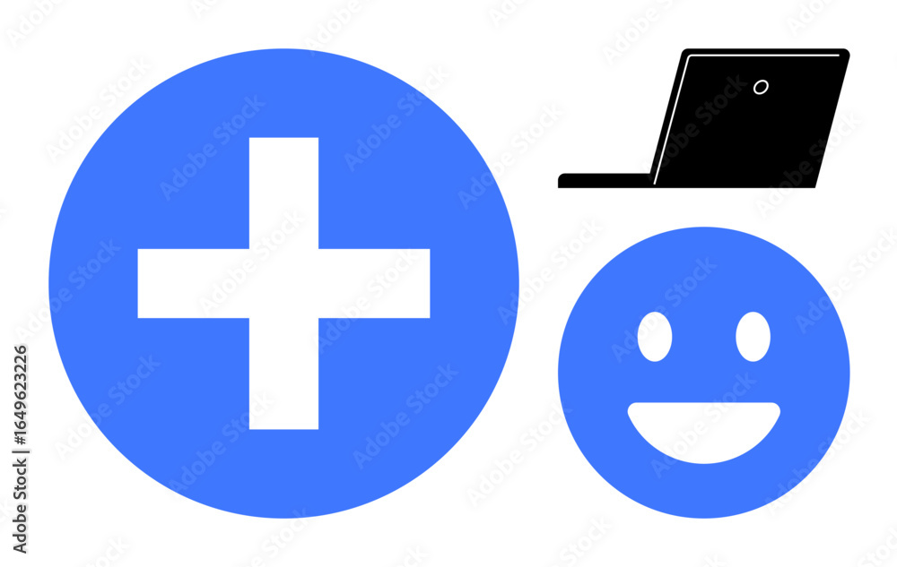 Obraz premium Blue plus sign, happy face, and sleek black laptop symbolize health, happiness, technology. Ideal for healthcare, wellness, positivity, productivity digital tools online platforms simple landing