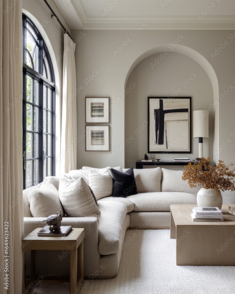Fototapeta premium Neutral-toned living room with an archway and sectional sofa.
