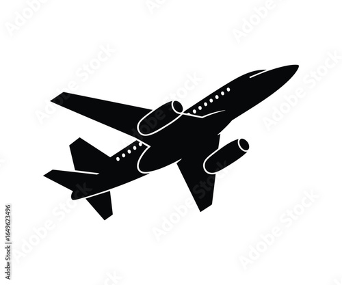 Silhouette of a modern private jet airplane in flight against a white background