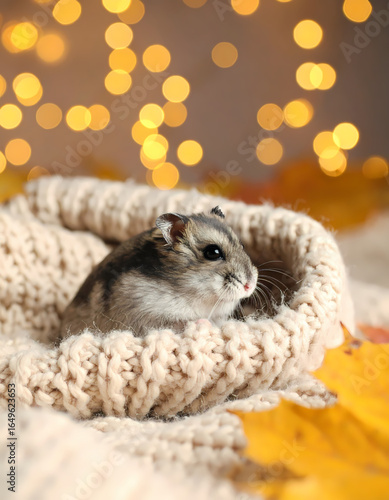 Cozy hamster in knitted blanket