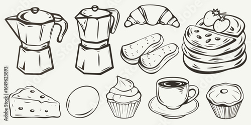 Breakfast and coffee collection hand drawn style