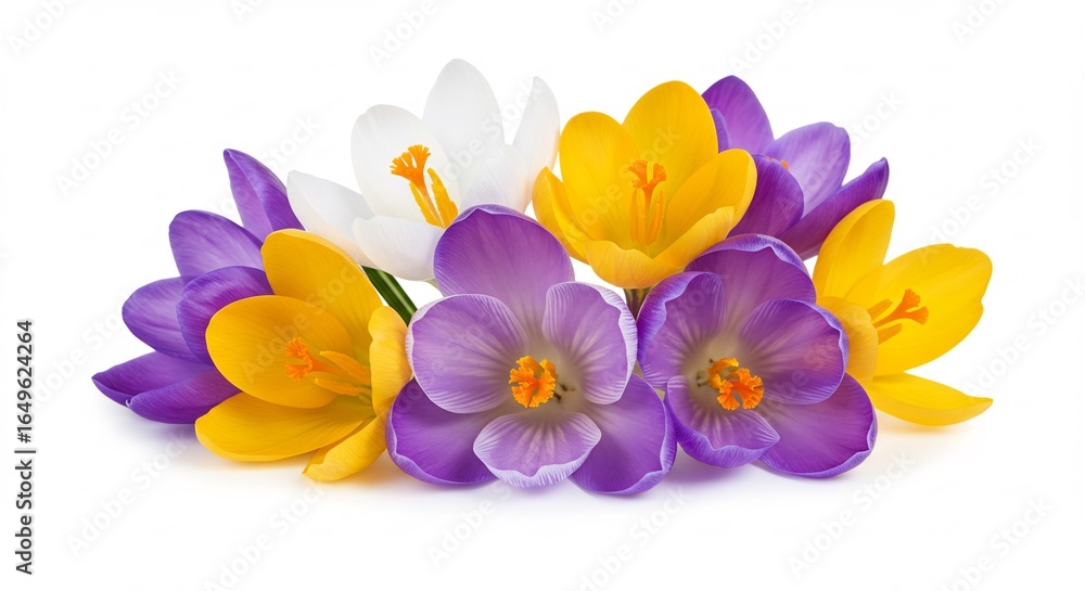 Obraz premium Vibrant purple yellow white crocus flowers bloom brightly against pure white background. AI Generated