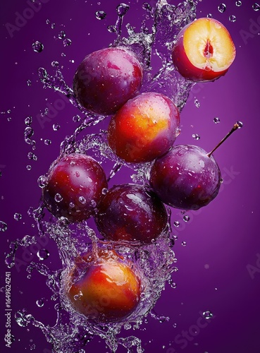 Plums in mid-air water splashes.  Purple background