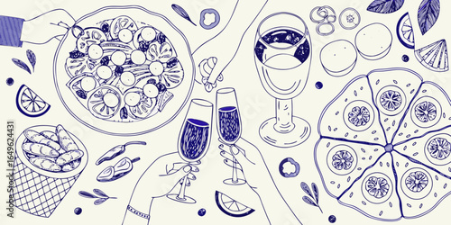 Friends celebrating with food and drinks in a festive toast