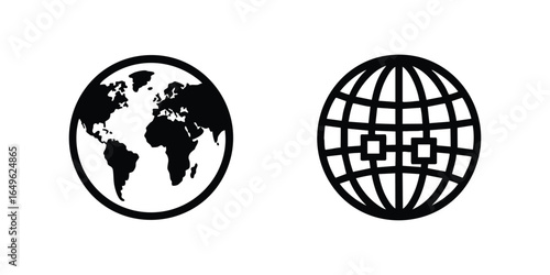 Two oval icons representing the earth and a stylized globe with grid pattern