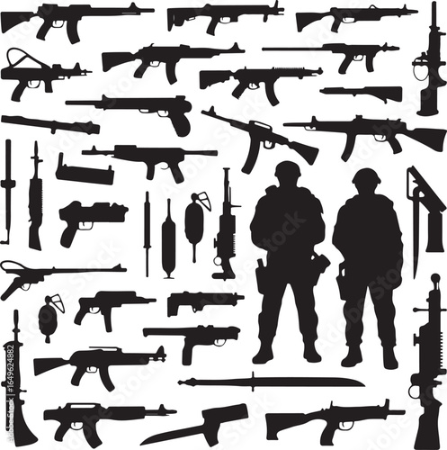 Assortment of military firearms and soldier silhouettes on white background weapons guns