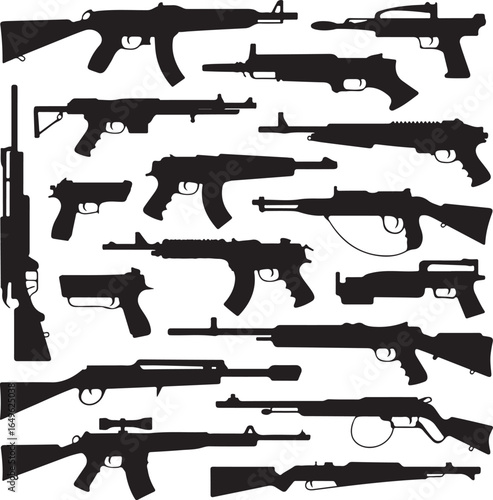 Silhouette Collection of Various Firearms on White Background rifle shotgun