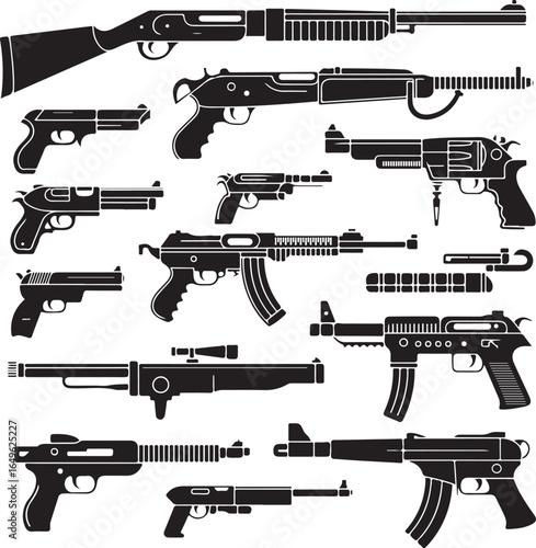 Assortment of Firearms Silhouettes on White Background rifle shotgun