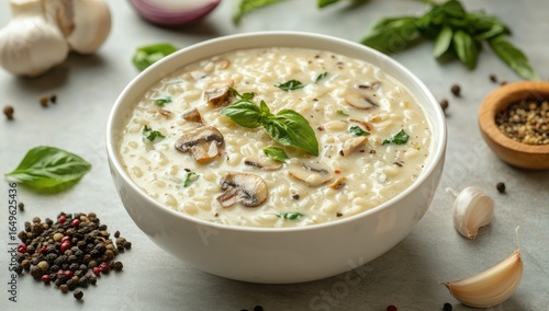 Creamy mushroom rice soup in white bowl, surrounded by ingredients