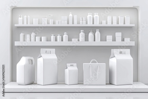 White shelves stocked with various plain, generic packaging
