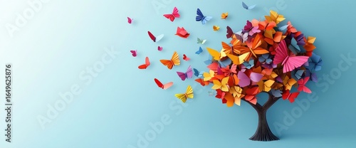 Colorful paper butterflies form a tree against a light blue backdrop