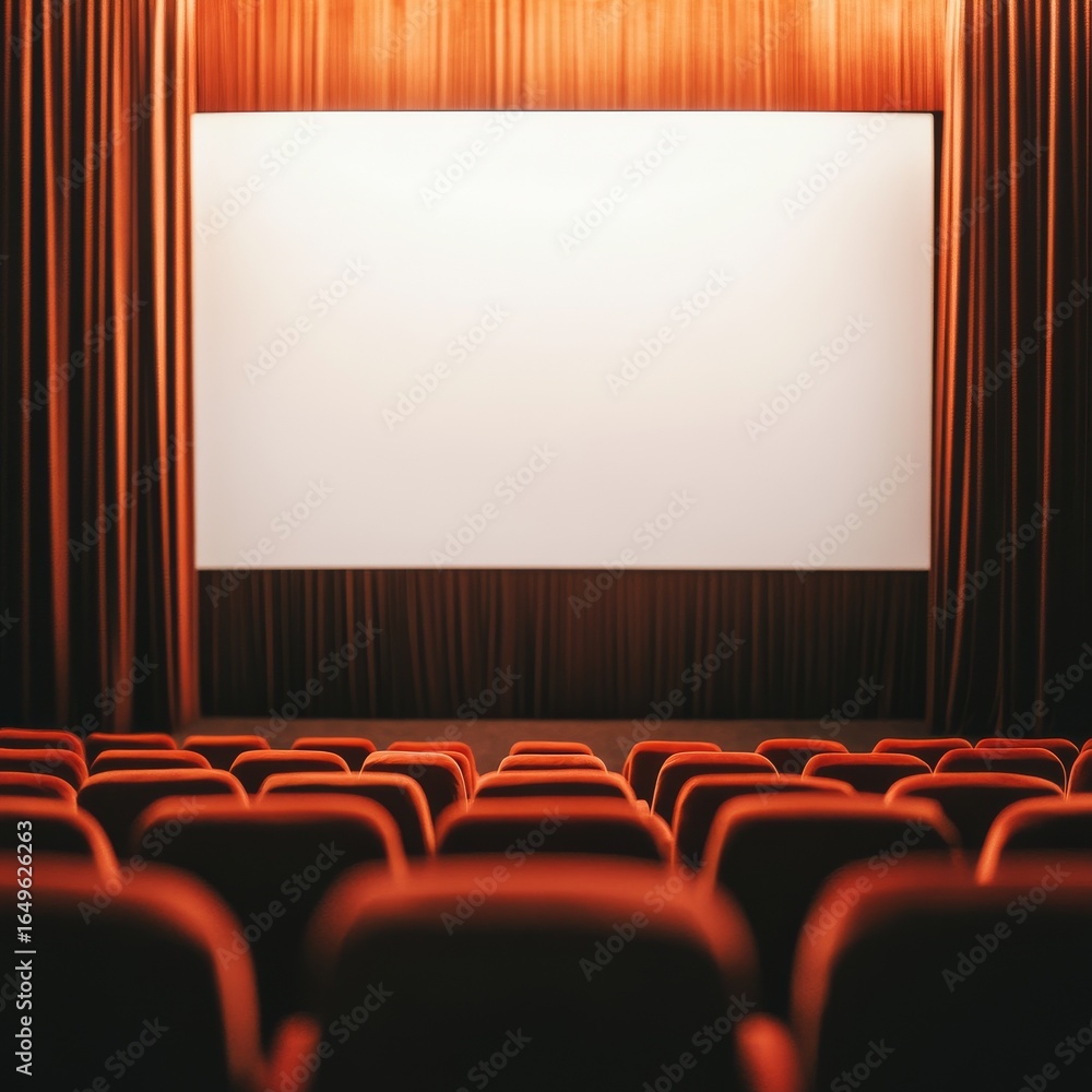Fototapeta premium Theater Interior with Red Velvet Seats, Blank Screen and Curtains, cinema , performance