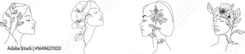 A modern illustration features a woman's face with flowers on her head, created using a single line drawing technique on a white isolated background