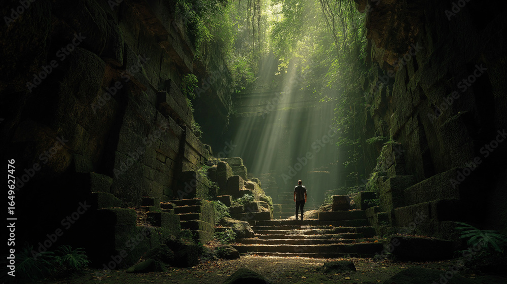 Obraz premium Adventurer ascends ancient mossy stone steps bathed in dramatic sunbeams within jungle ruins