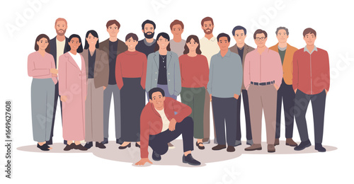Group illustration of eighteen diverse people in casual clothing standing together on white background, symbolizing unity and teamwork