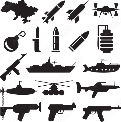 Diverse Military and Weapon Icons Including Map and Drone rifle pistol