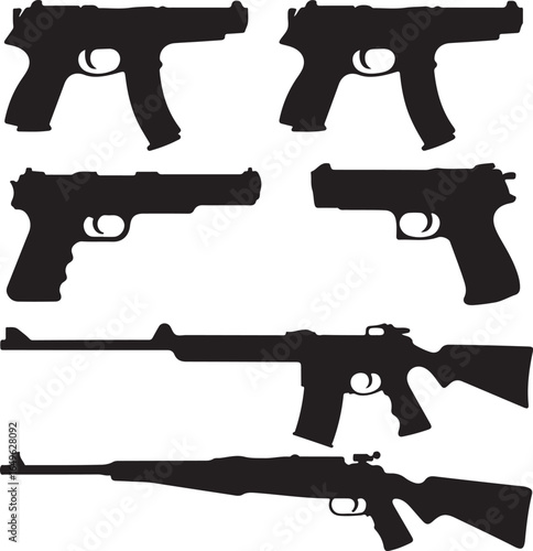 Six Handgun and Rifle Silhouettes on White Background pistol firearm