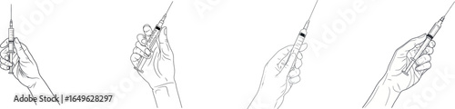 A modern illustration presents a one-line drawing of a medical syringe in a doctor's hand, set against a white isolated background
