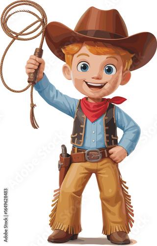 Cartoon cowboy character, western outfit, brown hat, red bandana, rope, gun holster, fringe pants, American West theme, playful illustration