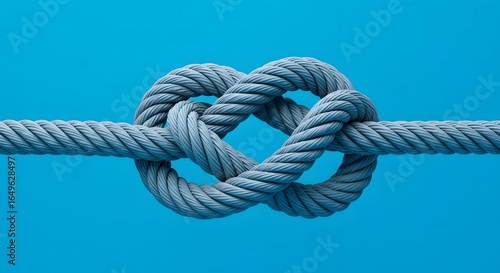 A close up of a knotted gray rope against a solid blue background creating a heart shape design