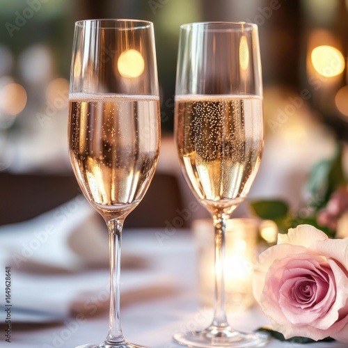 Two glasses of ros? champagne, romantic setting