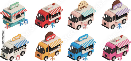 Colorful food truck pack, ice cream, cookies, snacks, striped awnings, Amor brand, mobile vendors, street food, cartoon style, vector