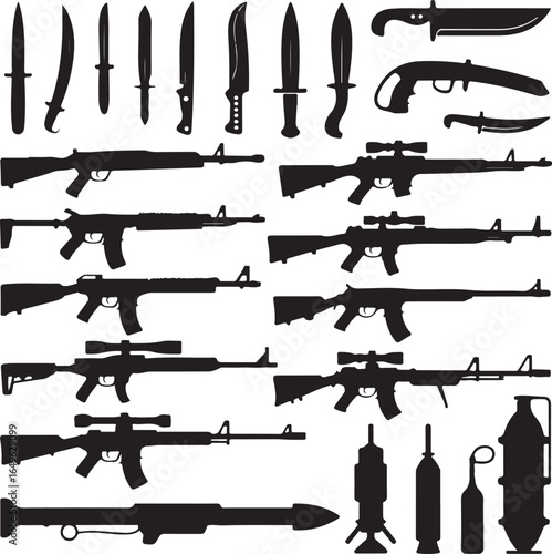 Collection of Silhouetted Firearms Knives and Military Equipment rifle shotgun