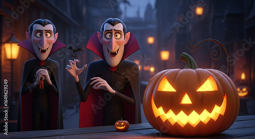 Two cartoon vampires with pumpkins celebrate halloween in a spooky animated movie scene outdoors