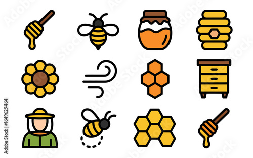 Honey Production Elements Vector Illustration Featuring Bees Honeycomb and Beekeeper Protective Gear for Apiary Businesses and Organic Food Markets