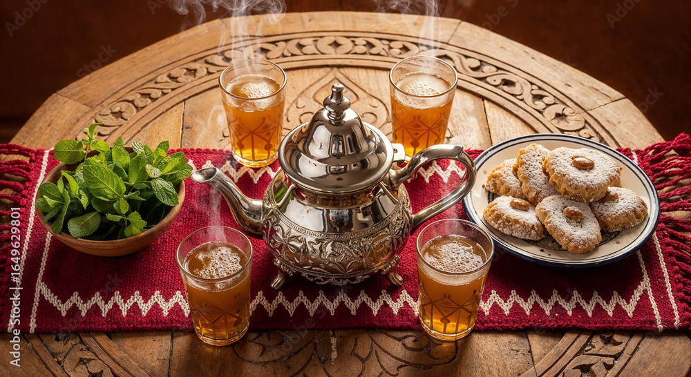 Fototapeta premium Moroccan Mint Tea with Amazigh Pastries on Wooden Table