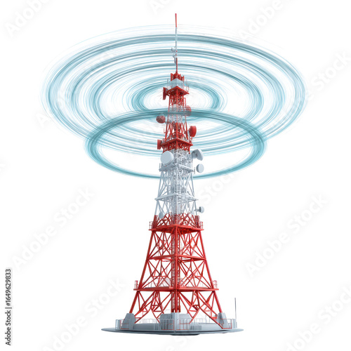 A 3D rendering of a radio tower emitting circular waves, isolated on transparent background