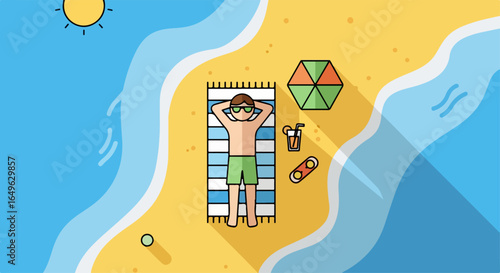 Man Sunbathing on Beach Towel, Summer Vacation Scene.