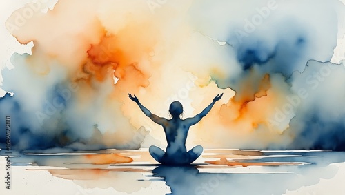 Watercolor Silhouette of Woman in Lotus Position with Arms Raised, Spiritual Awakening