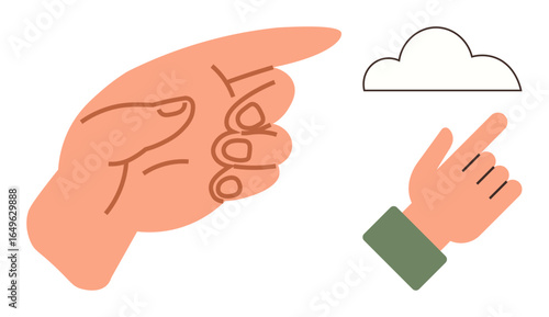 A hand pointing at a simplistic cloud icon, symbolizing concepts thumbs up cloud computing, connection, navigation, growth, creativity, and innovation. Ideal for tech, education or communication