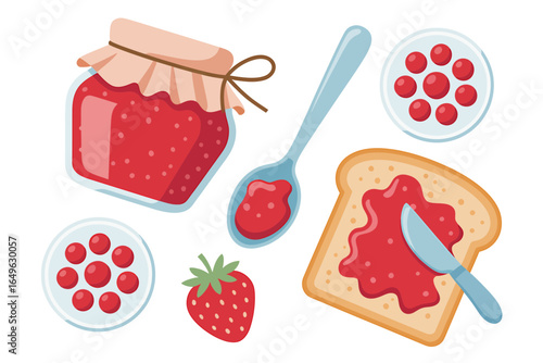 Delicious Strawberry Jam Illustration with Toast Spoon and Fresh Berries Sweet Homemade Treat for Breakfast Food Concept