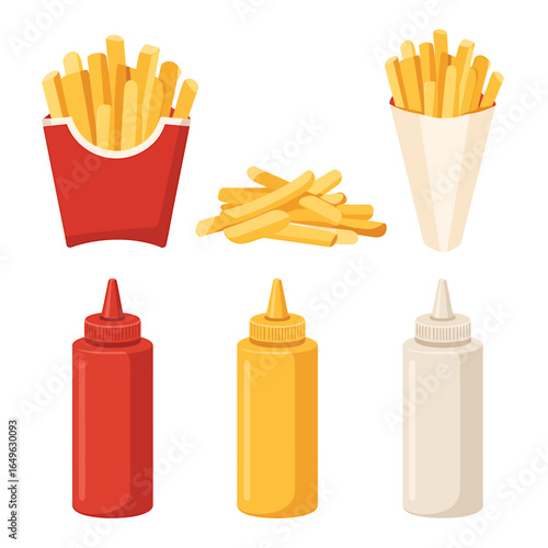 Delicious French Fries with Ketchup Mustard and Mayonnaise Vector Illustration for Fast Food Menu and Restaurant Design