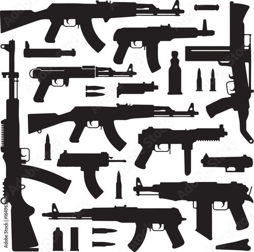 Assortment of AK-47 Style Rifles Pistols Bullets and Magazines Silhouettes AK-47 assault rifle
