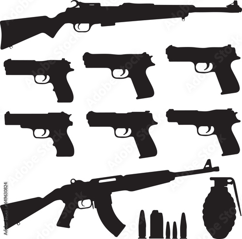 Collection of Silhouetted Firearms Handguns Rifles Ammunition and Grenade pistol
