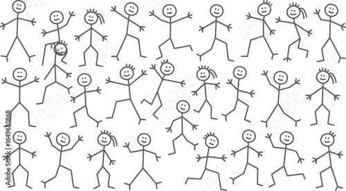 Collection of hand-drawn happy stick figures in various active poses. Simple doodle sketch set.