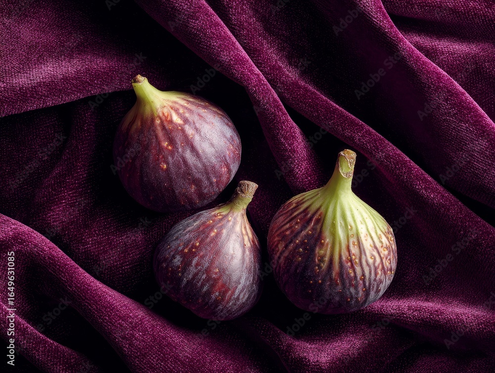 Fototapeta premium Three figs resting on luxurious purple velvet drapery