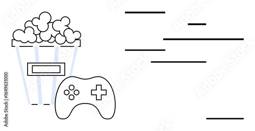 Game controller and popcorn bucket paired with abstract lines suggest fun, relaxation, multimedia consumption. Ideal for entertainment, gaming culture, streaming, leisure, lifestyle, tech branding