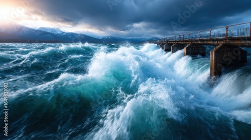The image captures a tumultuous ocean scene with powerful waves crashing against a rustic pier, highlighting the raw strength and beauty of nature amidst moody skies.