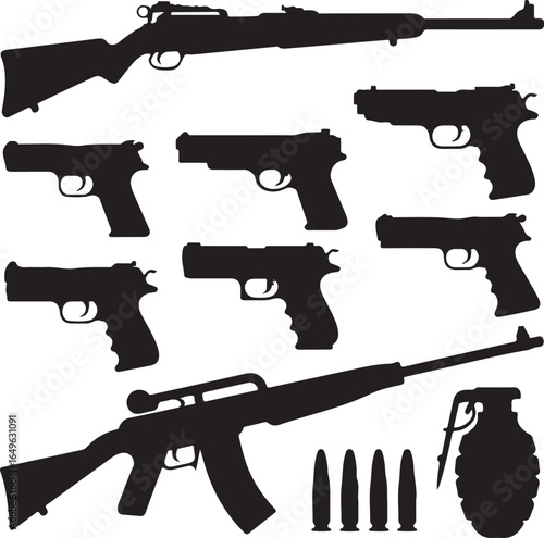 Collection of Silhouetted Firearms Handguns Rifles Ammunition and Grenade pistol