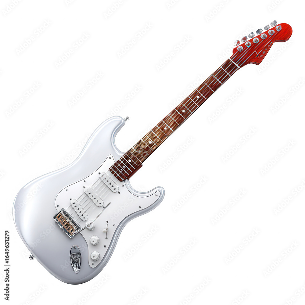Obraz premium Silver electric guitar with red headstock isolated on silver guitar musical instrument