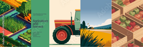 Colorful agriculture and harvest vector set with vegetable gardens, beds, tractor in wheat field, and apple crates. Modern farm concept illustrations for eco food and rural life themes.

