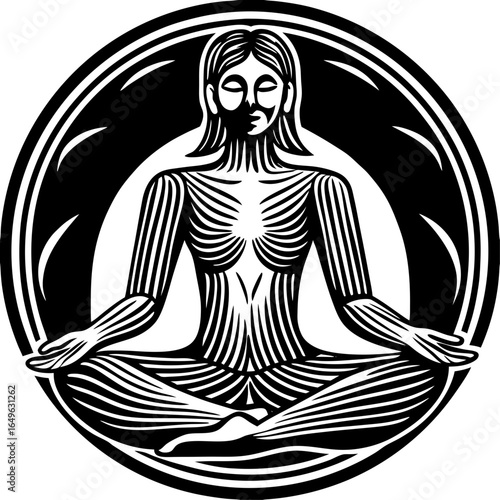 Black vector silhouette of a woman in a meditative lotus yoga position for relaxation