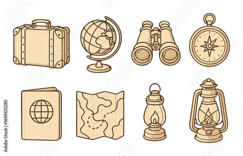Vintage travel icons featuring suitcase, globe, binoculars, compass, passport, map, lantern