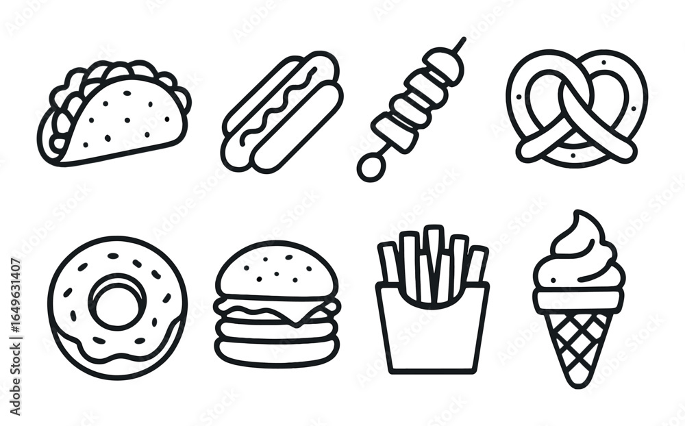 Monochrome icons of popular snack foods including taco, hot dog, and pretzel Monochrome icons of popular snack foods including taco, hot dog, and pretzel